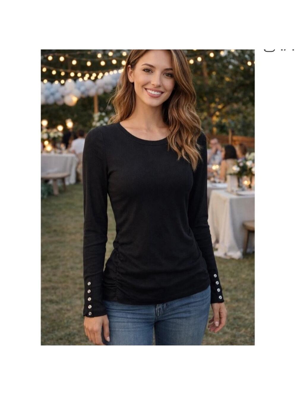 Michael Stars Gill Long Sleeve Ruched Tee with Button Cuffs 1X Black